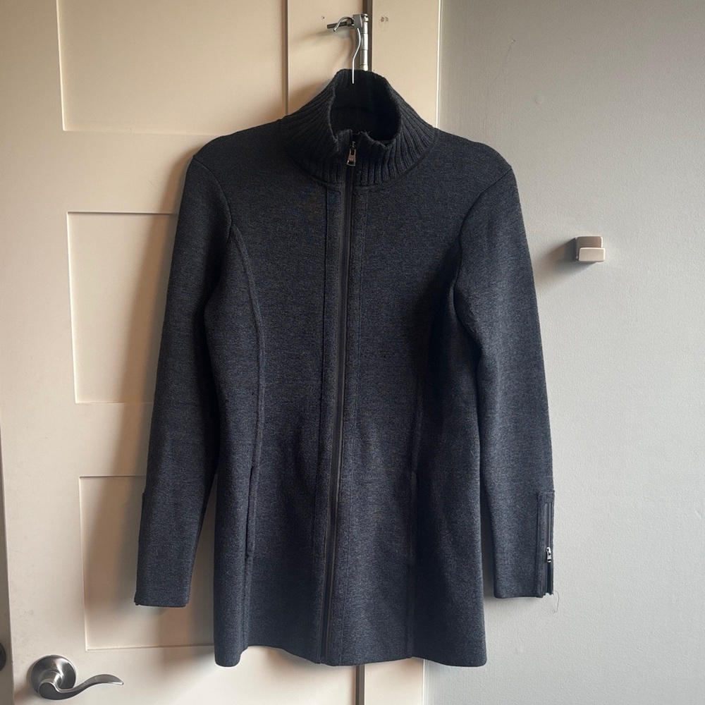 Athleta small gray merino wool blend long zip sweater jacket